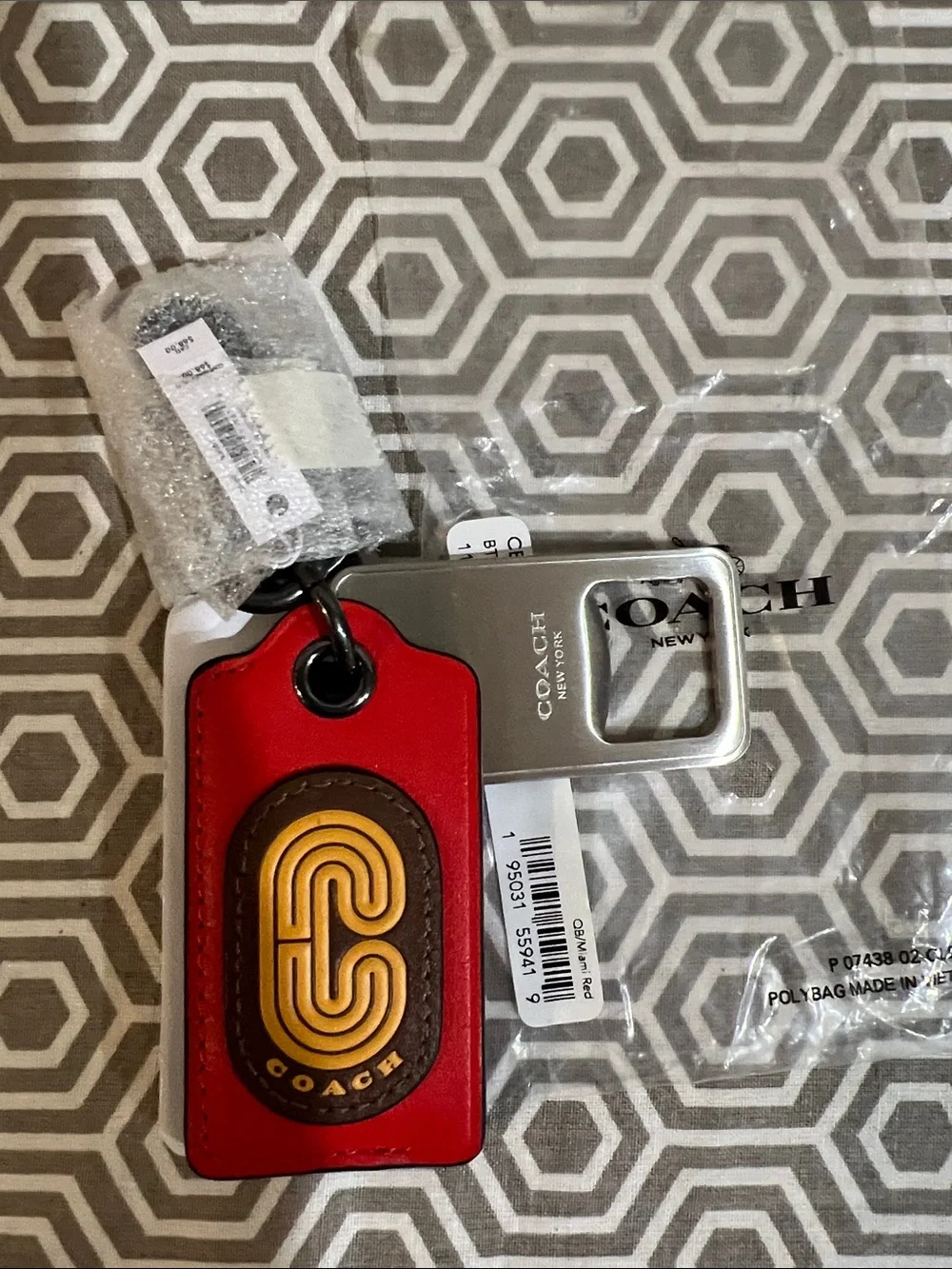 Coach Red Leather Bottle Opener KF RT C Keychain Tag with Yellow Logo Patch